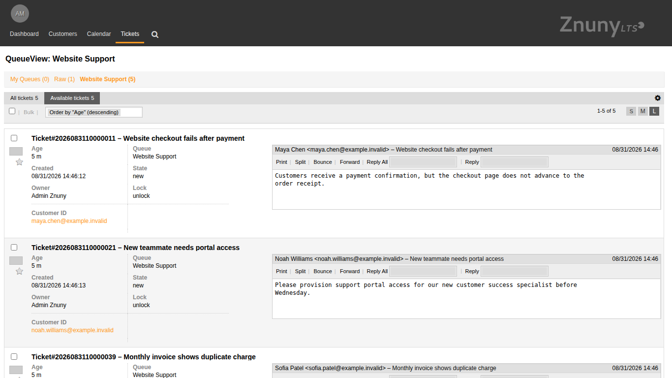 Znuny Website Support queue with several customer tickets and message previews