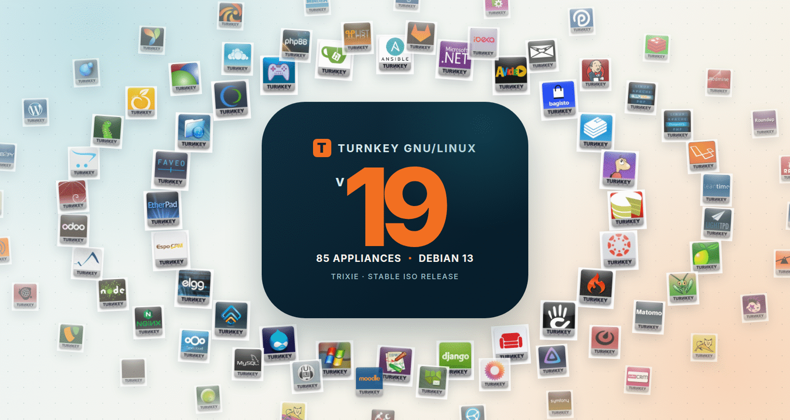 Los iconos 85 TurnKey Linux 19 appliance se han organizado juntos